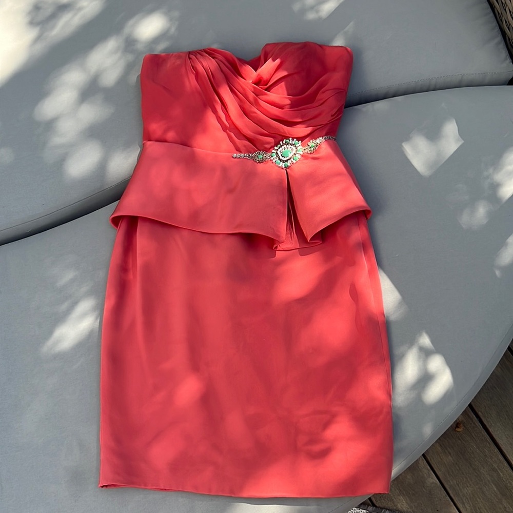 Marchesa Notte Strapless Dress. Coral with stunning embellishments! Size 6.